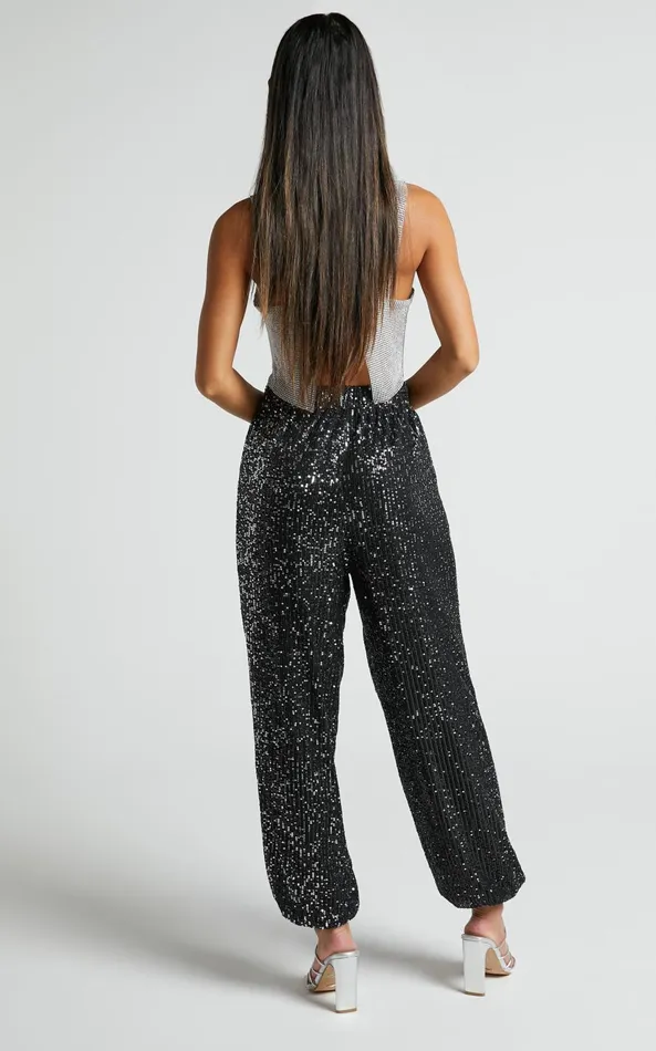 Showpo Kendrick Pant 8211 Elasticated High Waist Sequin Jogger In Black Women Loungewear