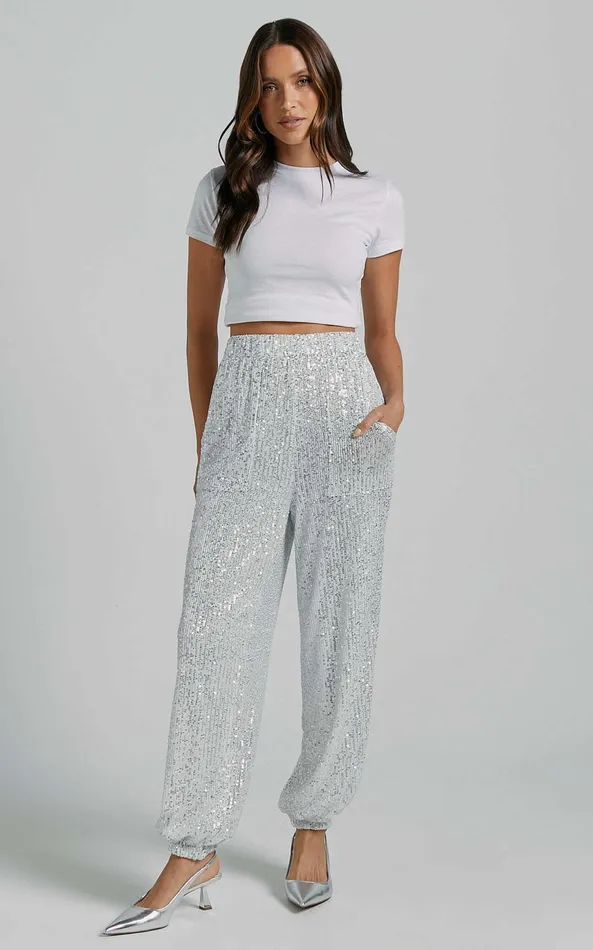 Showpo Kendrick Pant 8211 Elasticated High Waist Sequin Jogger In Silver Women Pants