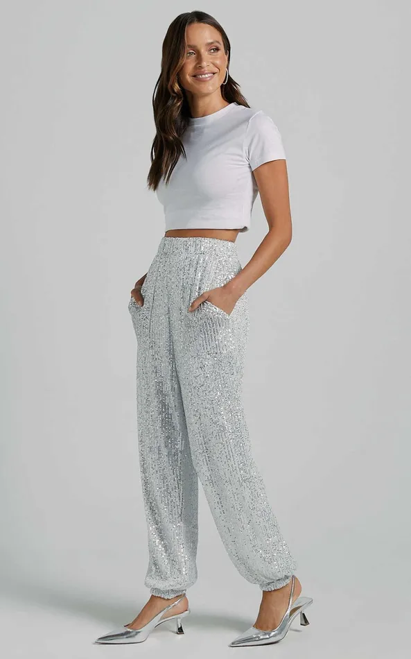 Showpo Kendrick Pant 8211 Elasticated High Waist Sequin Jogger In Silver Women Pants