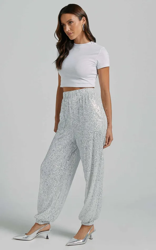Showpo Kendrick Pant 8211 Elasticated High Waist Sequin Jogger In Silver Women Pants