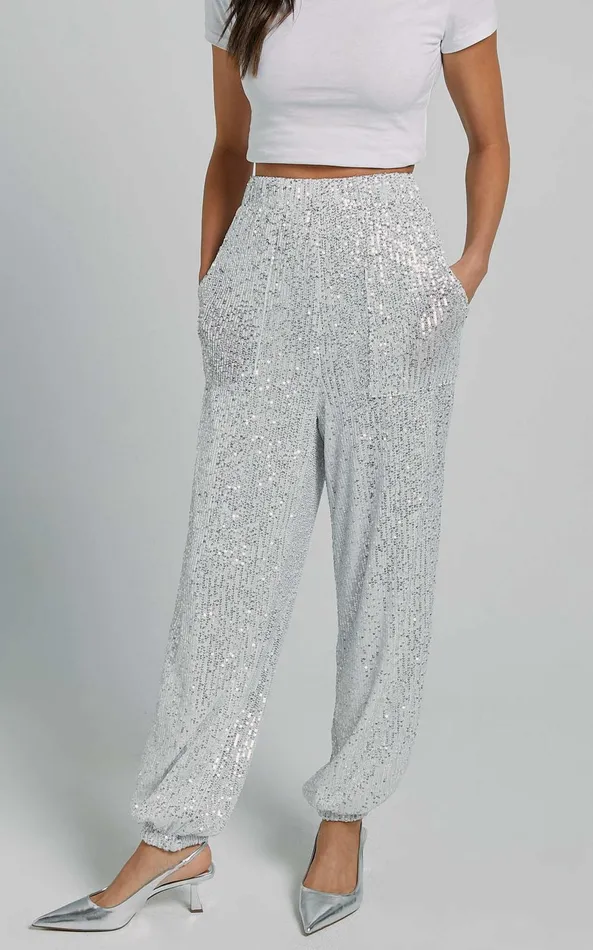Showpo Kendrick Pant 8211 Elasticated High Waist Sequin Jogger In Silver Women Pants