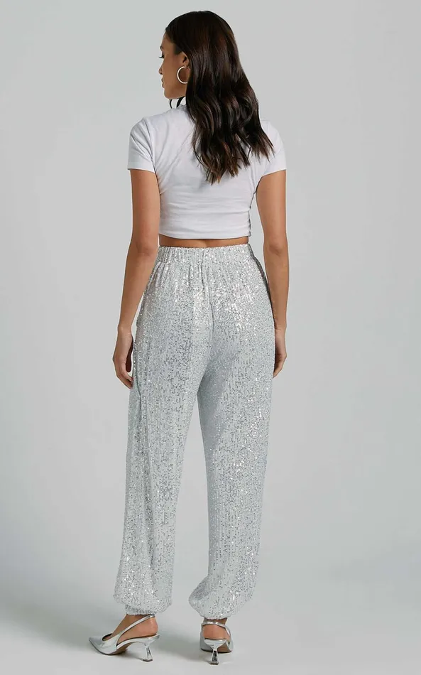 Showpo Kendrick Pant 8211 Elasticated High Waist Sequin Jogger In Silver Women Pants