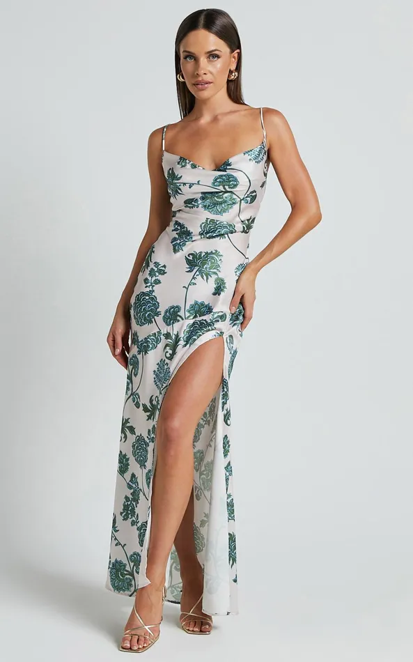 Showpo Kenna Maxi Dress 8211 Cowl Neck Thigh Split Slip Dress In Keepsake Floral Women Dresses
