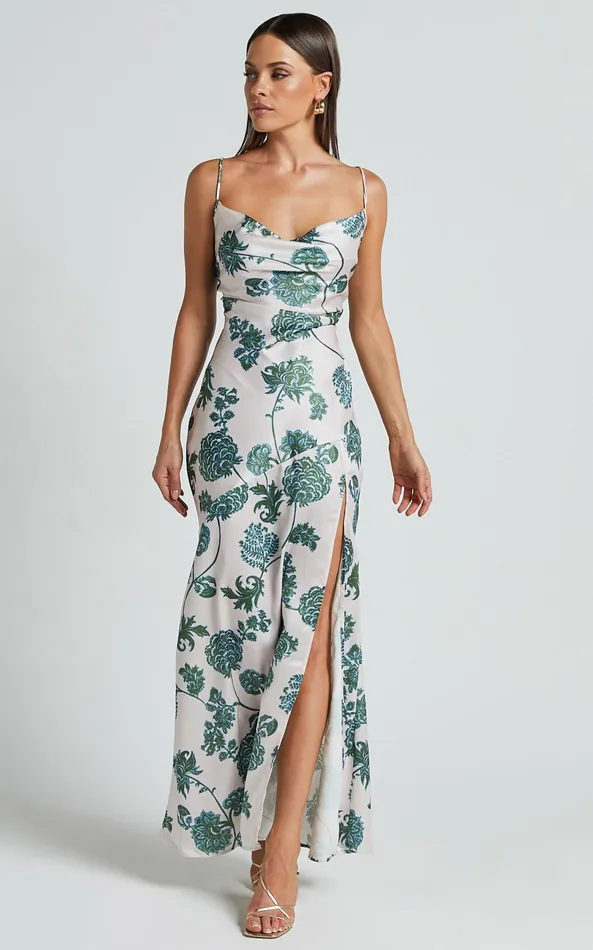 Showpo Kenna Maxi Dress 8211 Cowl Neck Thigh Split Slip Dress In Keepsake Floral Women Dresses