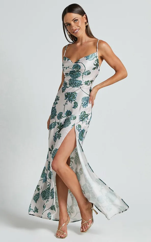 Showpo Kenna Maxi Dress 8211 Cowl Neck Thigh Split Slip Dress In Keepsake Floral Women Dresses