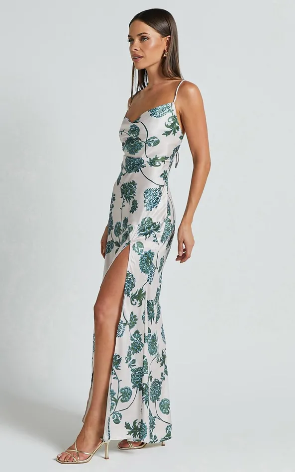Showpo Kenna Maxi Dress 8211 Cowl Neck Thigh Split Slip Dress In Keepsake Floral Women Dresses