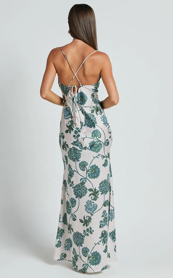 Showpo Kenna Maxi Dress 8211 Cowl Neck Thigh Split Slip Dress In Keepsake Floral Women Dresses