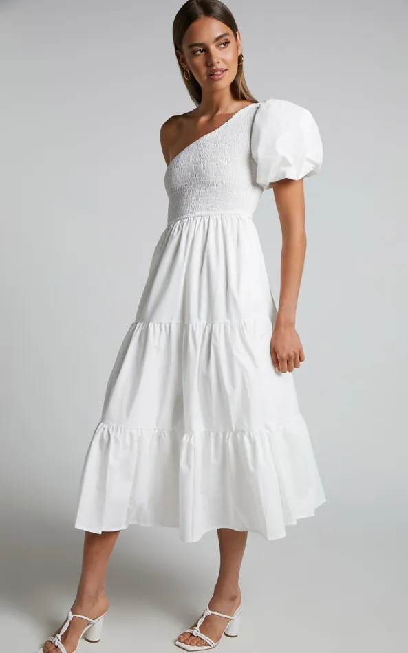 Showpo Kennedy Midi Dress 8211 One Shoulder Puff Sleeve Shirred Dress In White Women Dresses Showpo Kennedy Midi Dress 8211 One Shoulder Puff Sleeve Shirred Dress In White Women Dresses