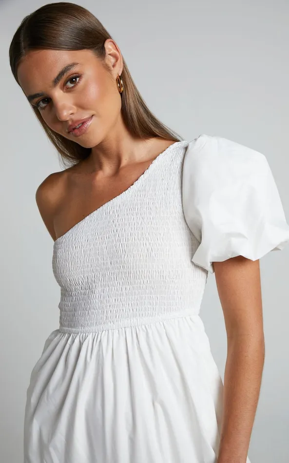 Showpo Kennedy Midi Dress 8211 One Shoulder Puff Sleeve Shirred Dress In White Women Dresses