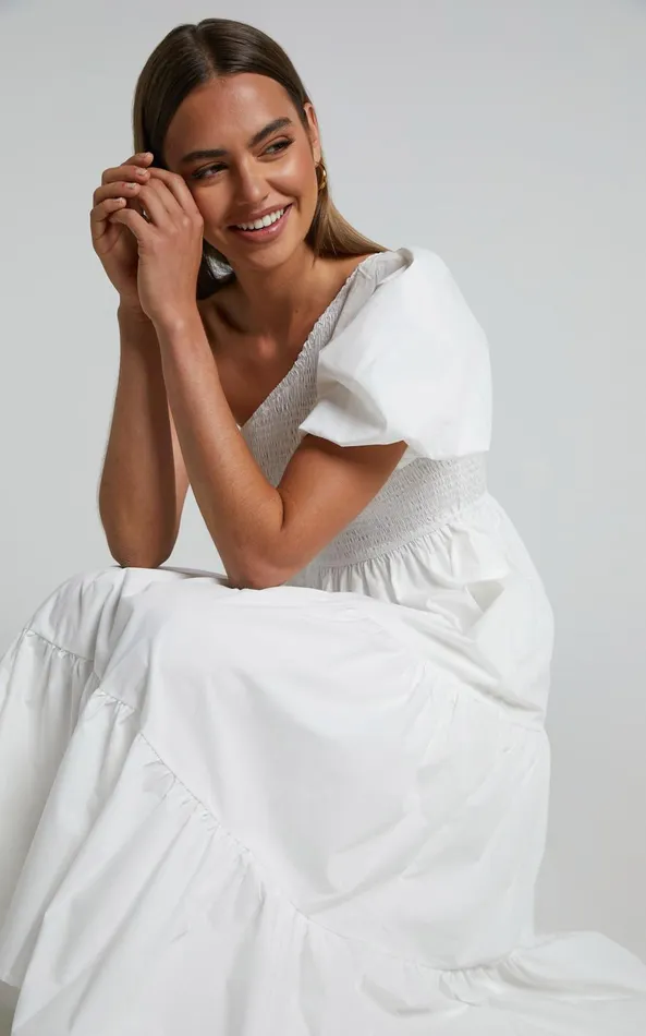 Showpo Kennedy Midi Dress 8211 One Shoulder Puff Sleeve Shirred Dress In White Women Dresses