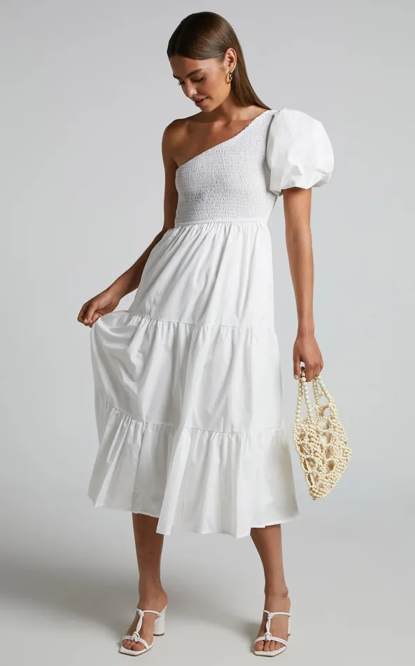Showpo Kennedy Midi Dress 8211 One Shoulder Puff Sleeve Shirred Dress In White Women Dresses