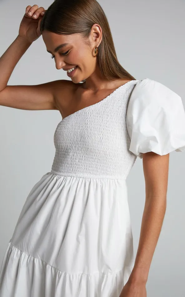 Showpo Kennedy Midi Dress 8211 One Shoulder Puff Sleeve Shirred Dress In White Women Dresses