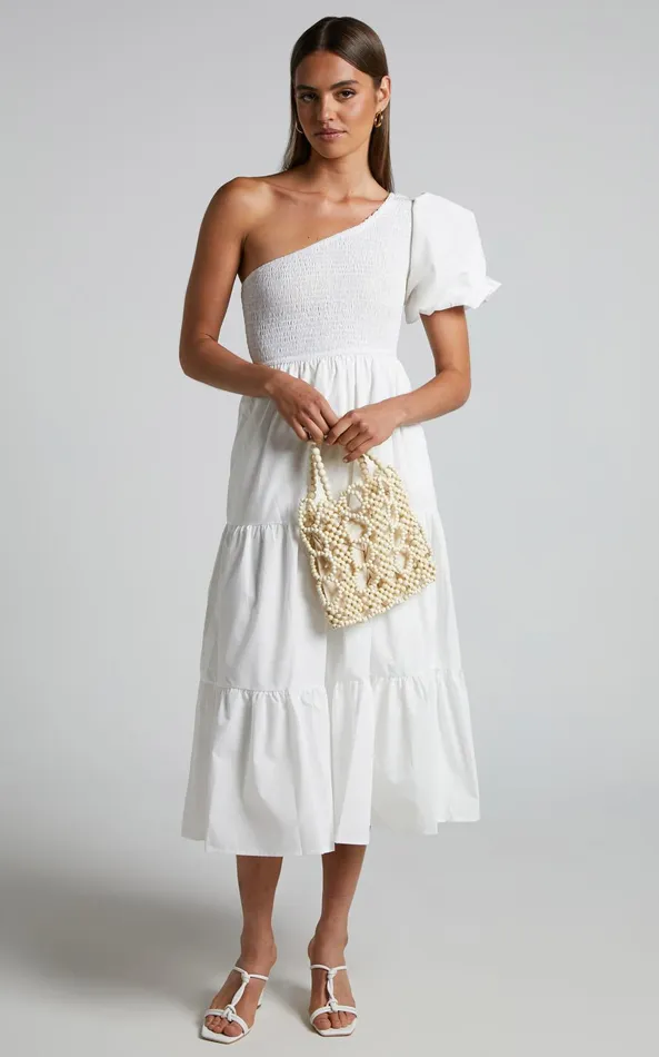 Showpo Kennedy Midi Dress 8211 One Shoulder Puff Sleeve Shirred Dress In White Women Dresses