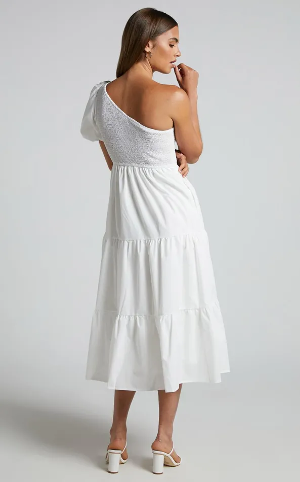 Showpo Kennedy Midi Dress 8211 One Shoulder Puff Sleeve Shirred Dress In White Women Dresses