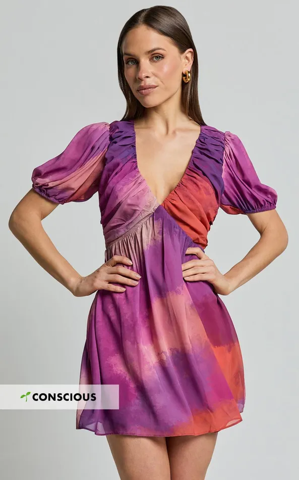 Showpo Kennedy Mini Dress 8211 Recycled Polyester V Neck Puff Sleeve Dress In Coral Mirage Print Women Dresses Showpo Kennedy Mini Dress 8211 Recycled Polyester V Neck Puff Sleeve Dress In Coral Mirage Print Women Dresses