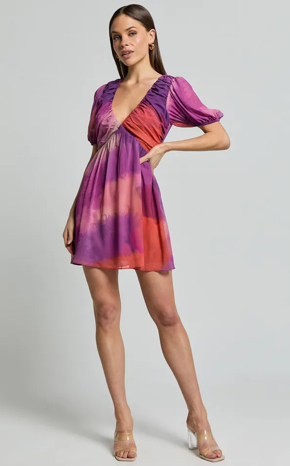 Showpo Kennedy Mini Dress 8211 Recycled Polyester V Neck Puff Sleeve Dress In Coral Mirage Print Women Dresses