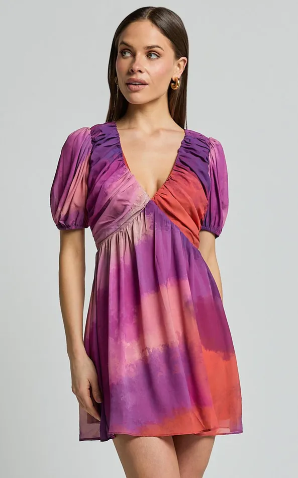 Showpo Kennedy Mini Dress 8211 Recycled Polyester V Neck Puff Sleeve Dress In Coral Mirage Print Women Dresses