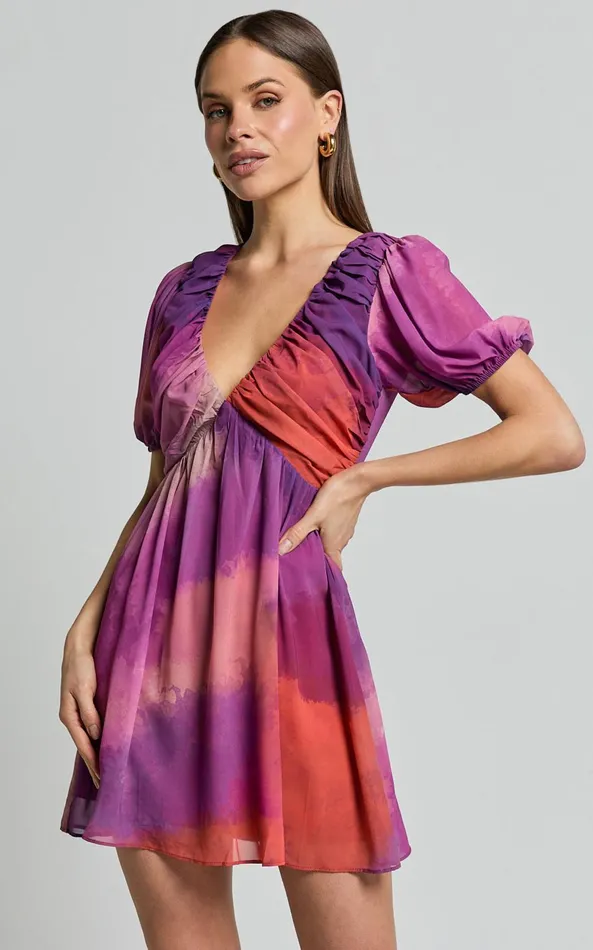Showpo Kennedy Mini Dress 8211 Recycled Polyester V Neck Puff Sleeve Dress In Coral Mirage Print Women Dresses