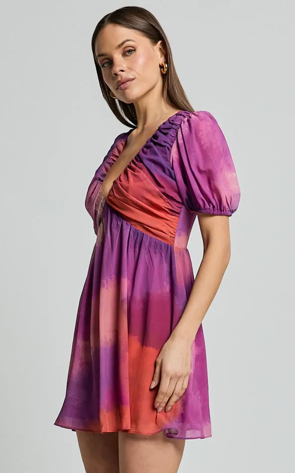 Showpo Kennedy Mini Dress 8211 Recycled Polyester V Neck Puff Sleeve Dress In Coral Mirage Print Women Dresses