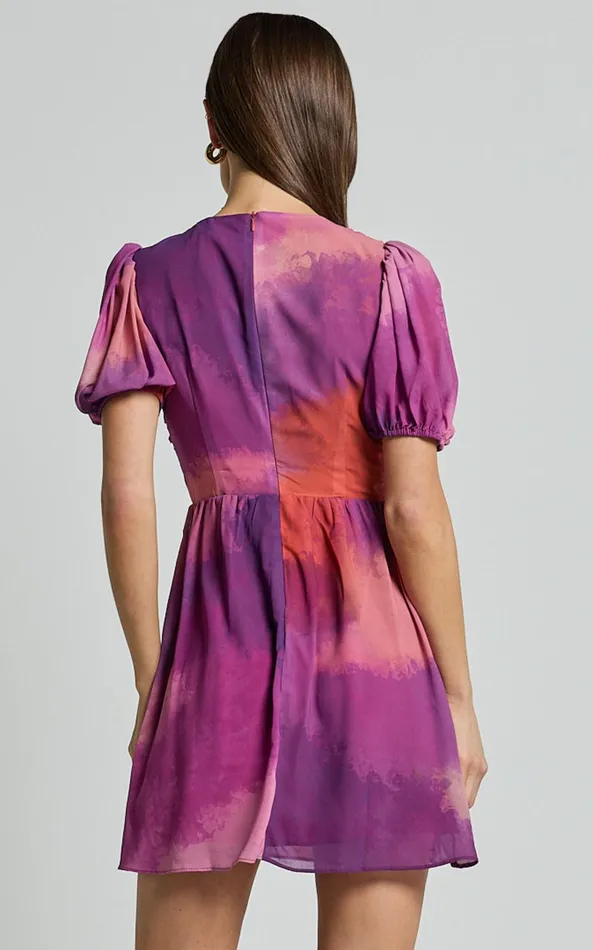 Showpo Kennedy Mini Dress 8211 Recycled Polyester V Neck Puff Sleeve Dress In Coral Mirage Print Women Dresses