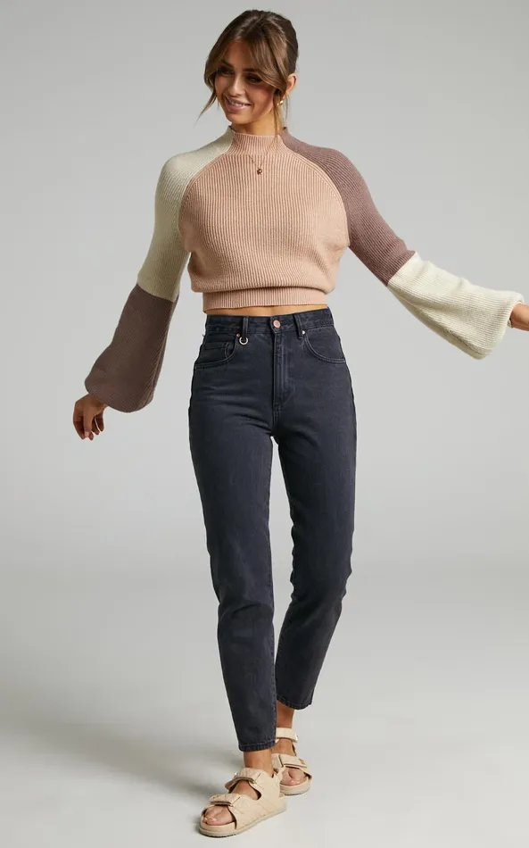 Showpo Kensley Jumper 8211 Colour Block Turtleneck Balloon Sleeve Knit Jumper In Beige Women Curve Clothes