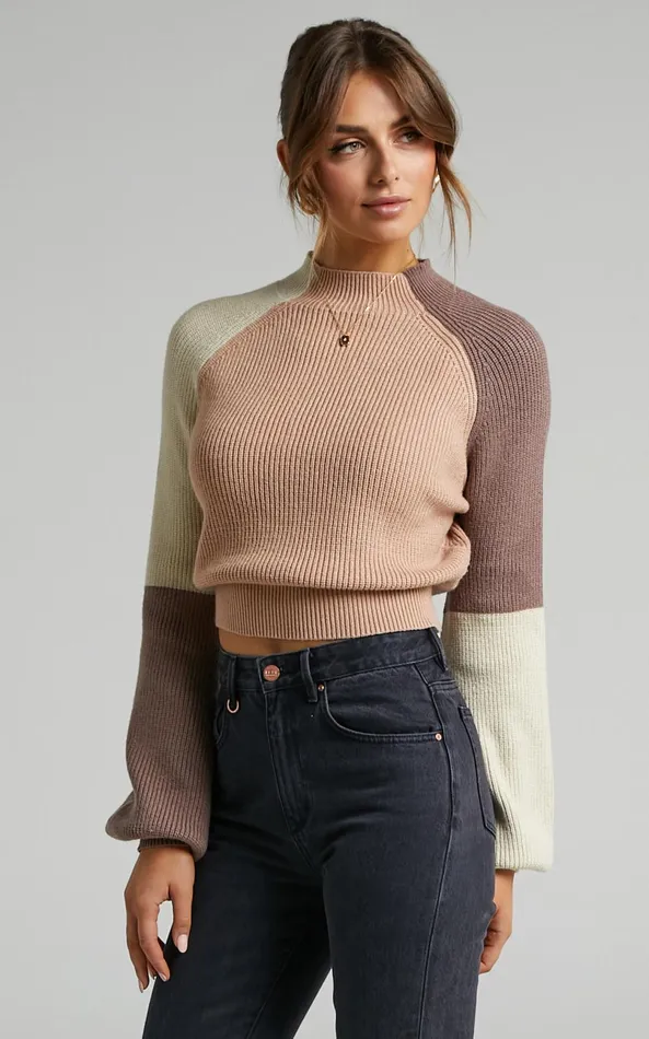 Showpo Kensley Jumper 8211 Colour Block Turtleneck Balloon Sleeve Knit Jumper In Beige Women Curve Clothes
