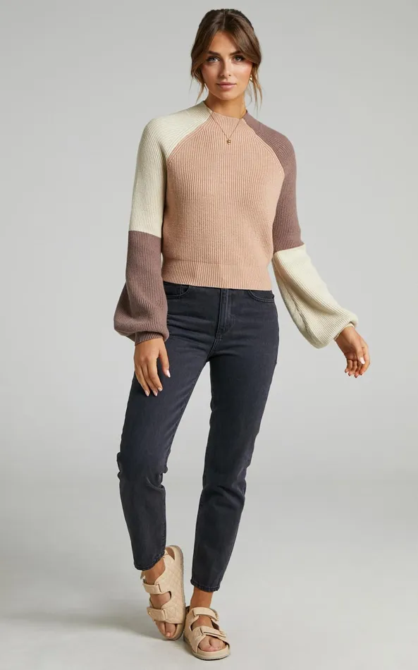 Showpo Kensley Jumper 8211 Colour Block Turtleneck Balloon Sleeve Knit Jumper In Beige Women Curve Clothes