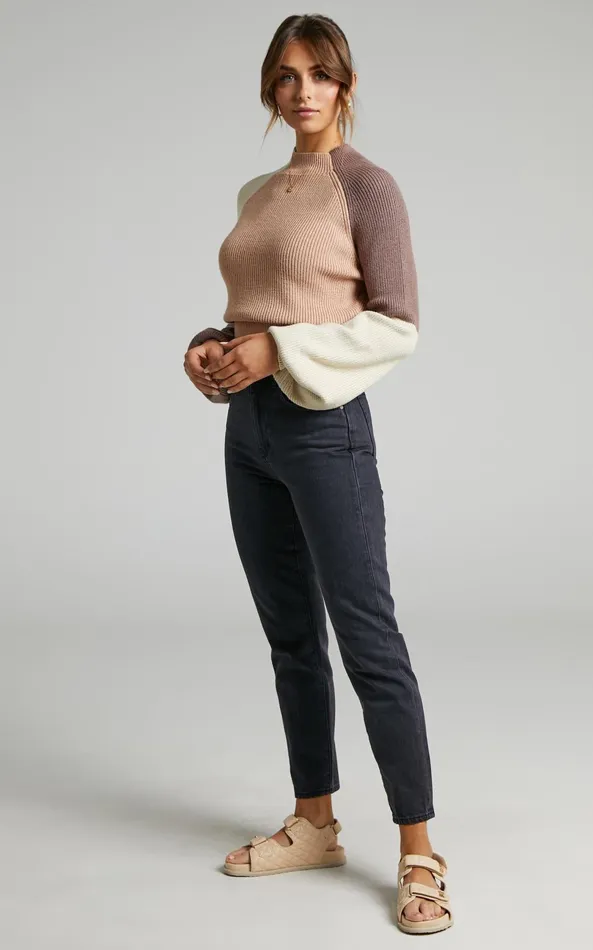 Showpo Kensley Jumper 8211 Colour Block Turtleneck Balloon Sleeve Knit Jumper In Beige Women Curve Clothes
