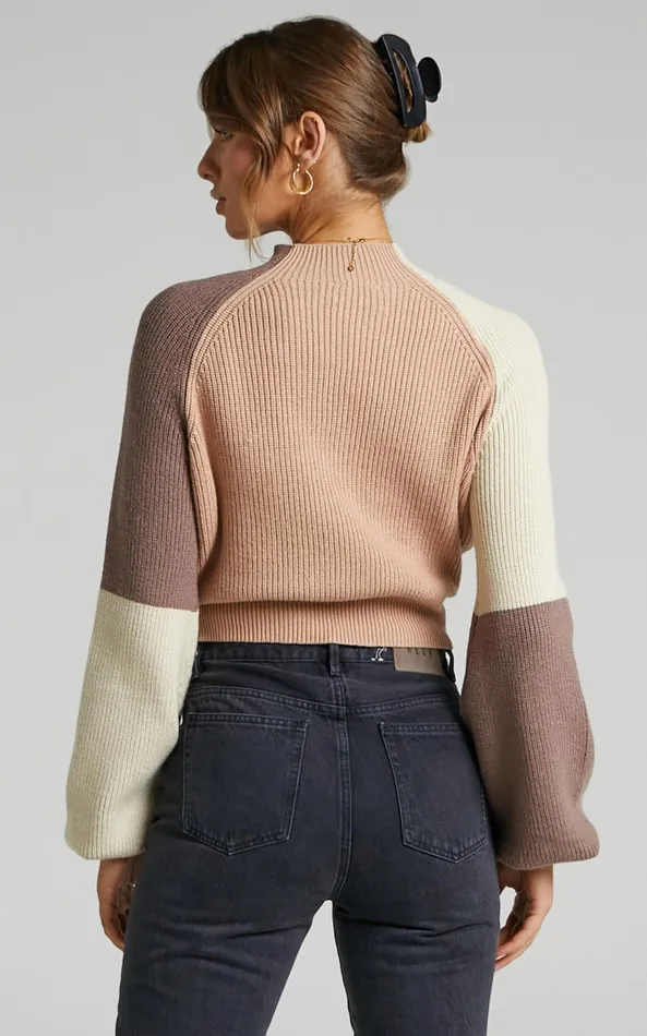 Showpo Kensley Jumper 8211 Colour Block Turtleneck Balloon Sleeve Knit Jumper In Beige Women Curve Clothes