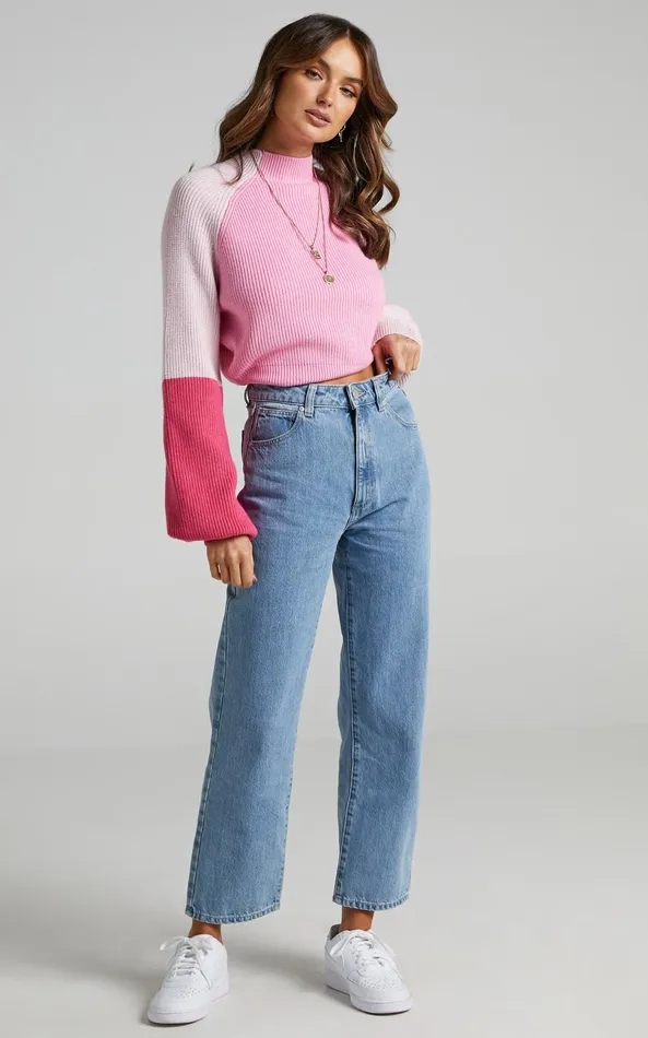 Showpo Kensley Jumper 8211 Colour Block Turtleneck Balloon Sleeve Knit Jumper In Pink Women Curve Clothes