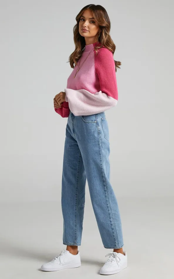 Showpo Kensley Jumper 8211 Colour Block Turtleneck Balloon Sleeve Knit Jumper In Pink Women Curve Clothes