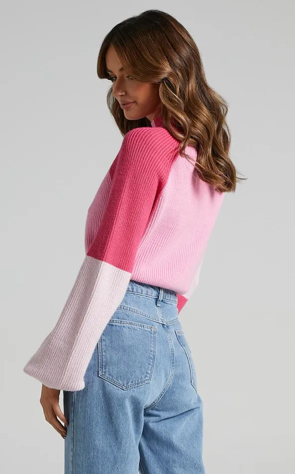 Showpo Kensley Jumper 8211 Colour Block Turtleneck Balloon Sleeve Knit Jumper In Pink Women Curve Clothes