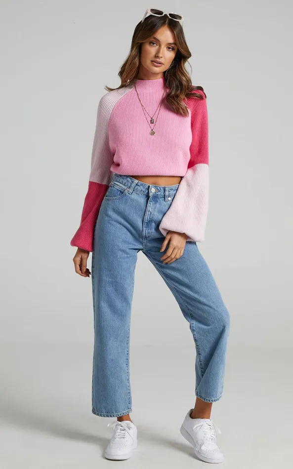 Showpo Kensley Jumper 8211 Colour Block Turtleneck Balloon Sleeve Knit Jumper In Pink Women Curve Clothes