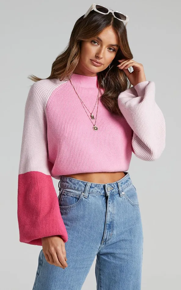 Showpo Kensley Jumper 8211 Colour Block Turtleneck Balloon Sleeve Knit Jumper In Pink Women Curve Clothes