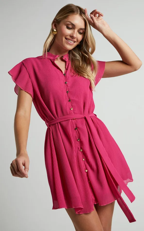 Showpo Kerray Mini Dress 8211 Button Up Short Sleeve Tie Waist Dress In Fuchsia Women Dresses Showpo Kerray Mini Dress 8211 Button Up Short Sleeve Tie Waist Dress In Fuchsia Women Dresses