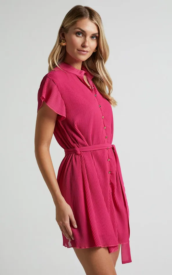 Showpo Kerray Mini Dress 8211 Button Up Short Sleeve Tie Waist Dress In Fuchsia Women Dresses Showpo Kerray Mini Dress 8211 Button Up Short Sleeve Tie Waist Dress In Fuchsia Women Dresses