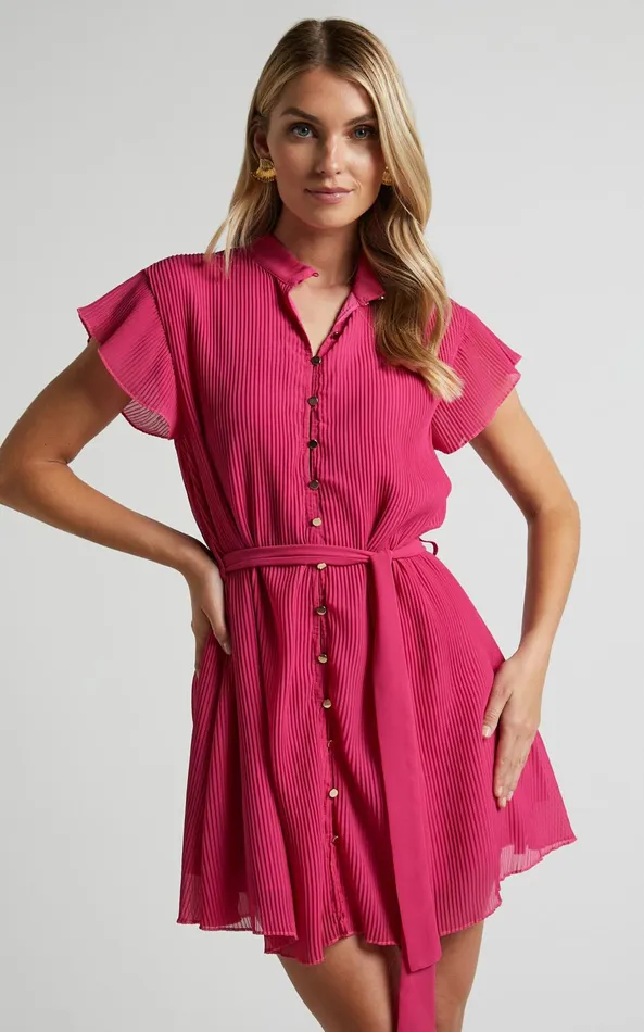Showpo Kerray Mini Dress 8211 Button Up Short Sleeve Tie Waist Dress In Fuchsia Women Dresses Showpo Kerray Mini Dress 8211 Button Up Short Sleeve Tie Waist Dress In Fuchsia Women Dresses