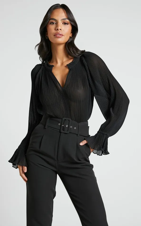 Showpo Kerray Top 8211 V Neck Long Sleeve Pleated Top In Black Women Tops