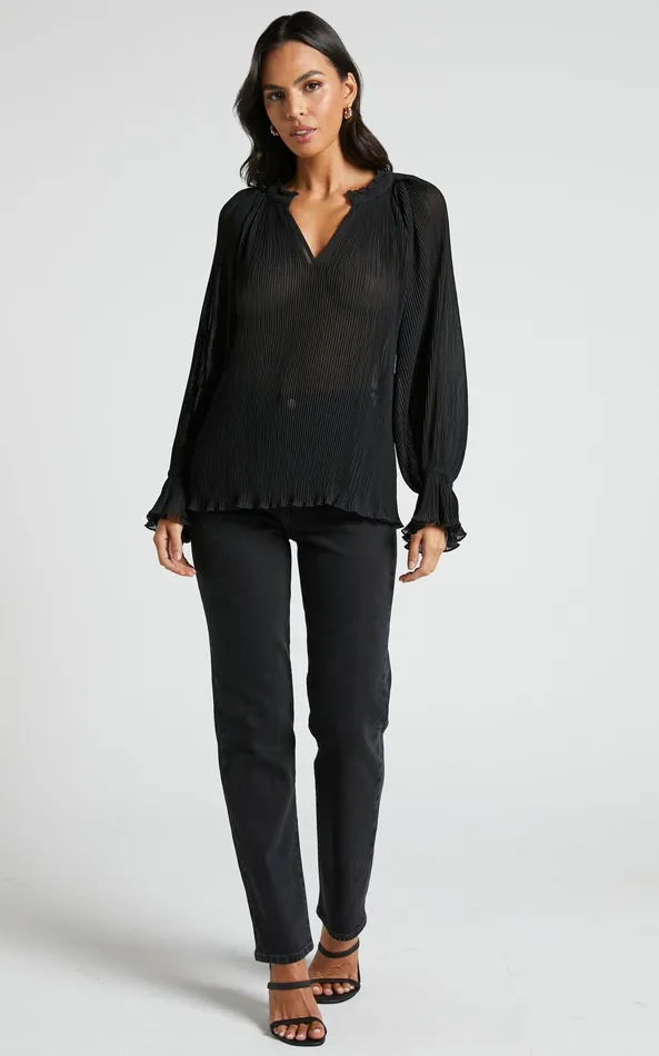 Showpo Kerray Top 8211 V Neck Long Sleeve Pleated Top In Black Women Tops