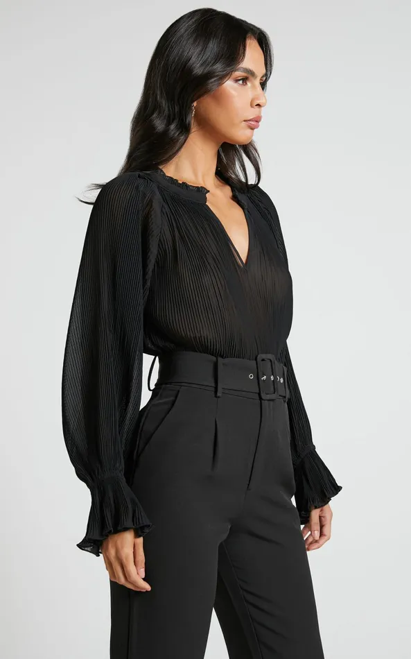Showpo Kerray Top 8211 V Neck Long Sleeve Pleated Top In Black Women Tops