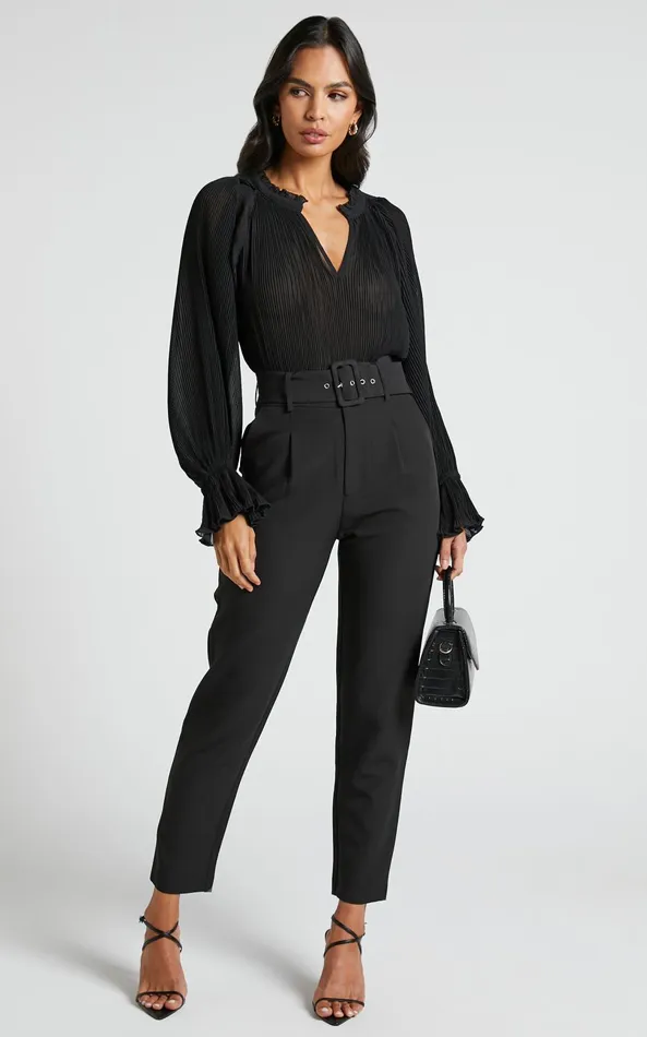 Showpo Kerray Top 8211 V Neck Long Sleeve Pleated Top In Black Women Tops