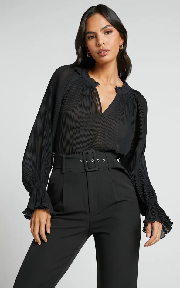 Showpo Kerray Top 8211 V Neck Long Sleeve Pleated Top In Black Women Tops