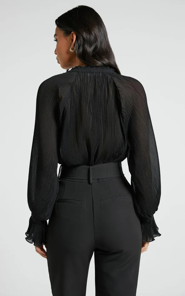 Showpo Kerray Top 8211 V Neck Long Sleeve Pleated Top In Black Women Tops