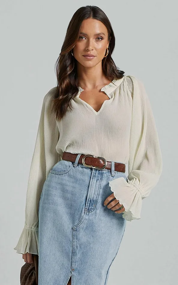 Showpo Kerray Top 8211 V Neck Long Sleeve Pleated Top In Cream Women Tops