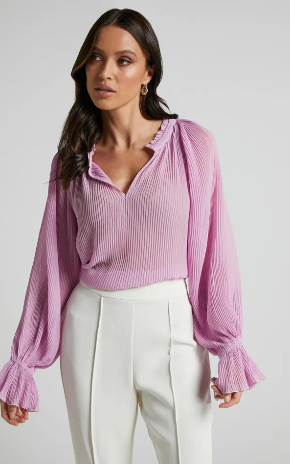 Showpo Kerray Top 8211 V Neck Long Sleeve Pleated Top In Lilac Women Curve Clothes
