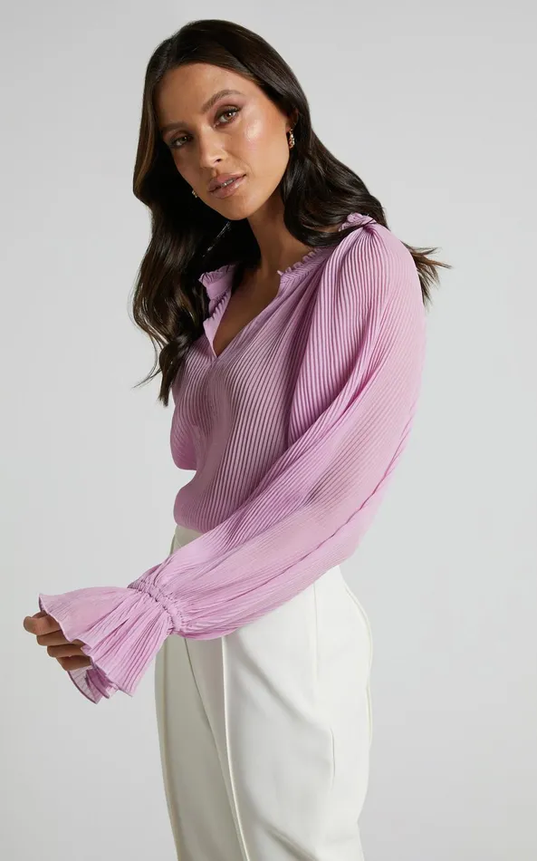 Showpo Kerray Top 8211 V Neck Long Sleeve Pleated Top In Lilac Women Curve Clothes
