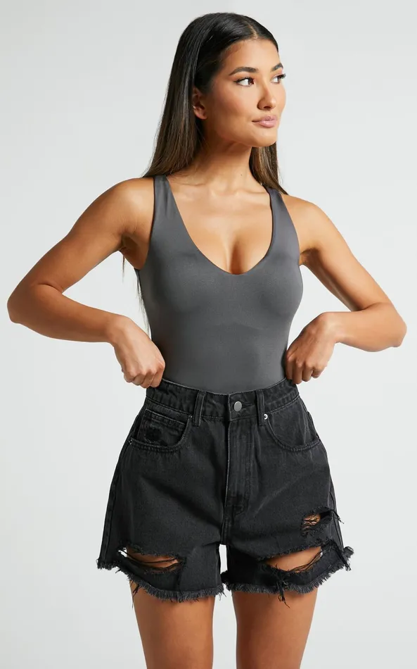 Showpo Kerrie Bodysuit 8211 V Neck Bodysuit In Charcoal Women Basics