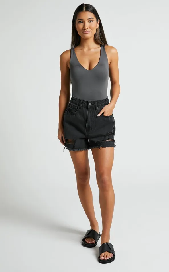 Showpo Kerrie Bodysuit 8211 V Neck Bodysuit In Charcoal Women Basics