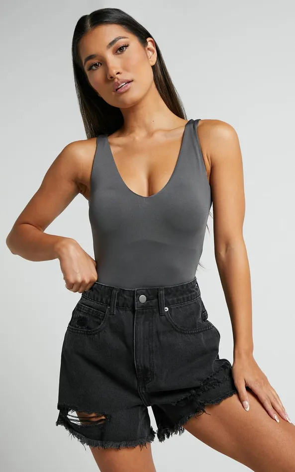 Showpo Kerrie Bodysuit 8211 V Neck Bodysuit In Charcoal Women Basics