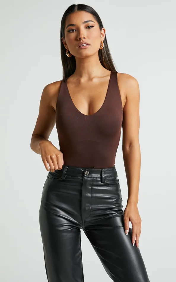 Showpo Kerrie Bodysuit 8211 V Neck Bodysuit In Chocolate Women Curve Clothes